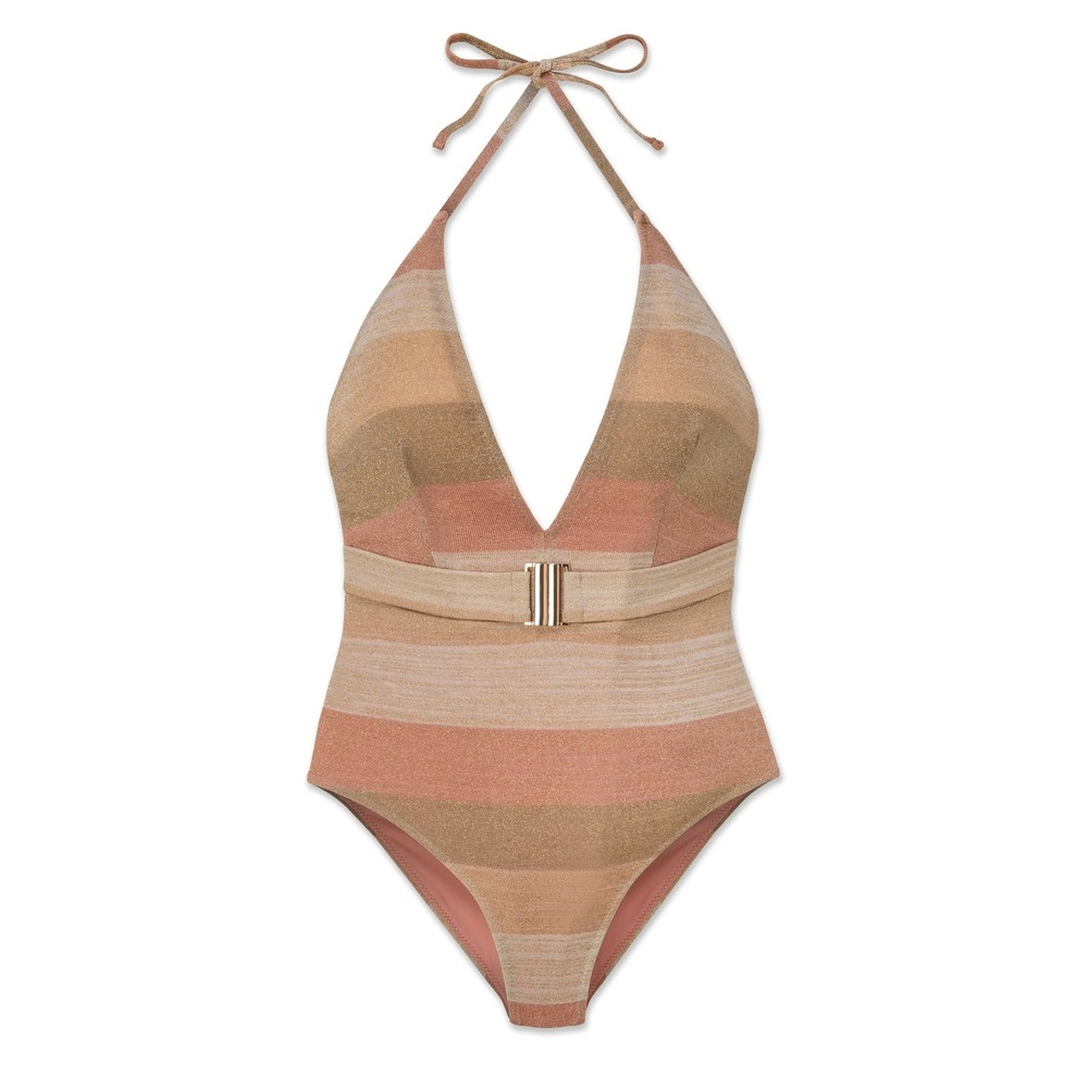 NEW WET Swimwear One Piece Swimsuit Womens M Gold Metallic Stripe Belted Halter